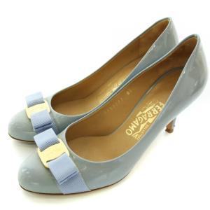 パンプス ヴァラ ポインテッドトゥ ハイヒール リボン エナメル 6.5 24cm 水色 ライトブルー