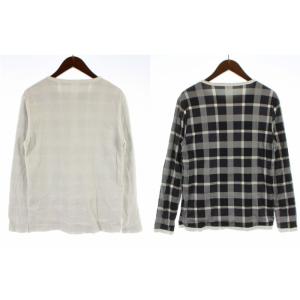 BLACK LABEL CRESTBRIDGE Tシャツ カットソー リバーシブル 長袖 クルーネック チェック レザーパッチ M 白 ホワイト グレー