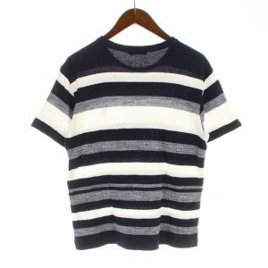 BLACK LABEL CRESTBRIDGE Tシャツ カットソー クルーネック 半袖 パイル地 ボーダー ロゴ刺繍 M 紺 ネイビー 白 ホワイト