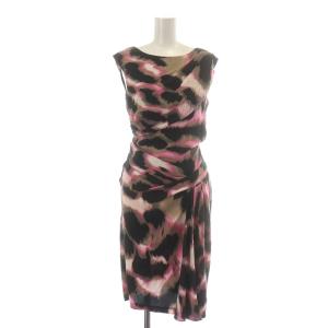 ワンピース ひざ丈 ノースリーブ ボートネック 総柄 絹 シルク 2 S 黒 ブラック ピンク ベージュ