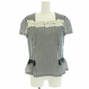 19SS カットソー レース リボン ストライプ フラワー刺繍 ペプラム 半袖 スクエアネック 38 M 紺 ネイビー 白