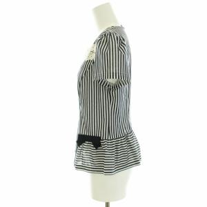 M'S GRACY 19SS カットソー レース リボン ストライプ フラワー刺繍 ペプラム 半袖 スクエアネック 38 M 紺 ネイビー 白