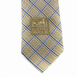 HERMES ネクタイ チェック シルク フランス製 ベージュ 青 ブルー