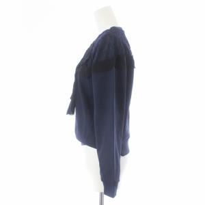 LANVIN en Bleu カットソー 長袖 切替 レース リボン 38 M 紺 ネイビー 黒 ブラック