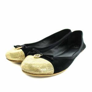 フラットシューズ バレエシューズ ロゴチャーム リボンモチーフ スエード ビブラムソール 8.5M 24.5cm 黒 ブラック