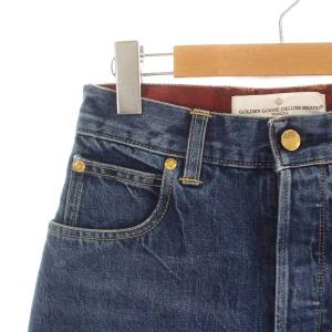 GOLDEN GOOSE デニムパンツ ジーンズ ボタンフライ テーパード ロゴ プリント ペイント加工 USED加工 25 M 紺 ネイビー