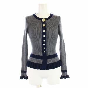 カーディガン ニット 長袖 クルーネック フリル ウール 38 M グレー 紺 ネイビー