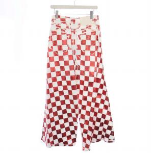 MM6 Maison Margiela チェックプリント デニムスカート ロング カットオフ ボタンフライ 40 M 白 赤 ホワイト レッド S62MA0076