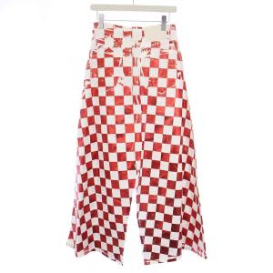 MM6 Maison Margiela チェックプリント デニムスカート ロング カットオフ ボタンフライ 38 S 白 赤 ホワイト レッド S62MA0076
