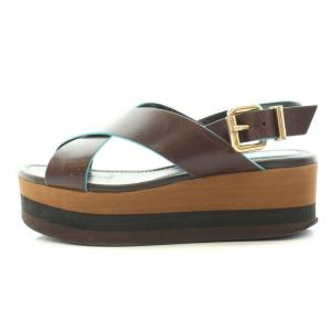 FENDI ストラップサンダル 厚底 クロス レザー 34 22cm 茶 ブラウン