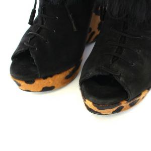 PRADA ショートブーツ オープントゥ ウエッジソール ファー  スエード ヒョウ柄 レオパード 36 23cm 黒 ブラック ベージュ