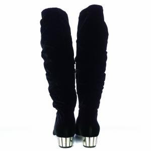 Sergio Rossi ベロアロングブーツ ポインテッドトゥ チャンキーヒール サイドジップ 36.5 23.5cm 黒 ブラック