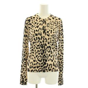 ニットカーディガン クルーネック 長袖 ヒョウ柄 レオパード柄 ハイゲージ ウール 38 S ベージュ 黒 ブラック