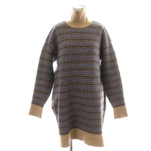 ワンピース ひざ丈 長袖 ハイネック チェック ウール 36 XS 茶 ブラウン 青 ブルー 黒 ブラック