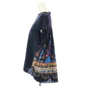 sacai カットソー 半袖 クルーネック プリーツ 切替 ペイズリー柄 麻 リネン 2 M 紺 ネイビー