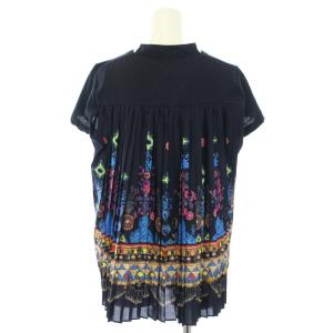 sacai カットソー 半袖 クルーネック プリーツ 切替 ペイズリー柄 麻 リネン 2 M 紺 ネイビー