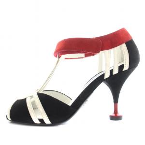 PRADA サンダル スエード エナメル オープントゥ ストラップ ハイヒール 34.5 21.5cm 黒 ブラック 白 ホワイト 赤