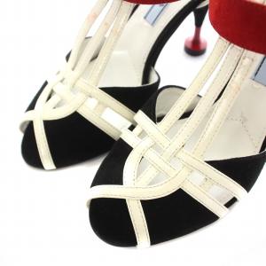 PRADA サンダル スエード エナメル オープントゥ ストラップ ハイヒール 34.5 21.5cm 黒 ブラック 白 ホワイト 赤