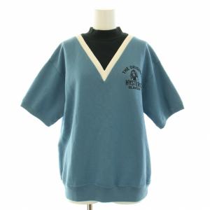 カットソー スウェット 半袖 ハイネック 裏起毛 ロゴ プリント F 青 ブルー
