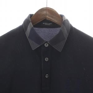 BLACK LABEL CRESTBRIDGE ポロシャツ 半袖 ハーフボタン 鹿の子 ロゴ刺繍 チェック M 紺 ネイビー グレー