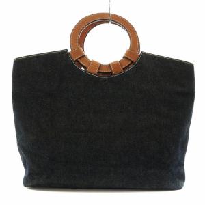 HUNTING WORLD ハンドバッグ ロゴ デニム地 レザー 紺 ネイビー 茶 ブラウン