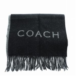 COACH マフラー フリンジ ロゴ バイカラー カシミヤ混 ウール グレー 黒 ブラック