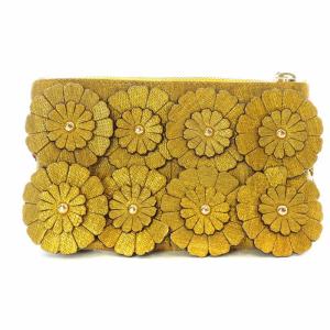 JAMIN PUECH ポーチ フラワーモチーフ ラメ糸 ストラップ ゴールドカラー