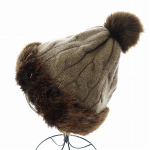 Athena New York ニット帽 ニットキャップ 帽子 ケーブル ファーポンポン ウール 茶 ブラウン