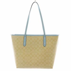 COACH ラグジュアリー シグネチャー シティー トートバッグ ハンドバッグ ショルダーバッグ PVC レザー ベージュ 水色 ライトブルー