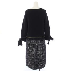 EPOCA ワンピース 七分袖 ひざ丈 クルーネック 袖リボン 柄 切替 ウール 40 M 黒 ブラック