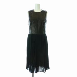 ワンピース プリーツ フレア ミモレ ロング ノースリーブ レザー切替 4 S 黒 ブラック /KU H