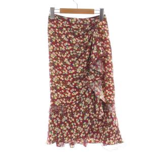 フレアスカート ひざ丈 総柄 レイヤード シアー シースルー 絹 シルク 34 XS 赤 レッド マルチカラー