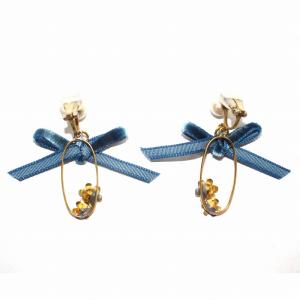 petite robe noire イヤリング 両耳 クリップ式 リボン ベロア 花 フラワー パール 真珠 オーバル ラインストーン ゴールド色 青 ブルー