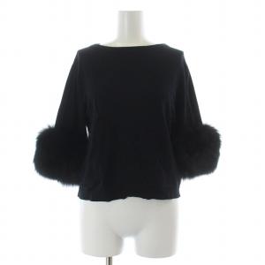 袖ファー付きニットトップス 七分袖 ボートネック フォックスファー 36 S 黒 ブラック 38343025-0