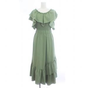 22SS フリルニットワンピース フレア ロング マキシ 半袖 ティアード ストレッチ 36 S 緑 グリーン