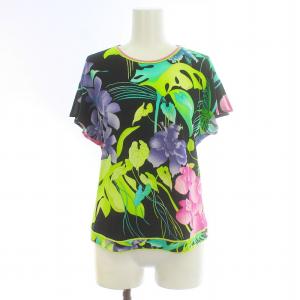 FASHION カットソー 半袖 クルーネック 花柄 リボン コットン L 黒 ブラック マルチカラー