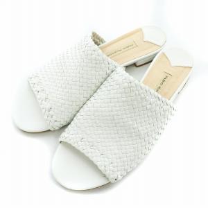 レザーメッシュフラットサンダル ラウンドトゥ ローヒール 編み込み 36 23cm-23.5cm 白 ホワイト