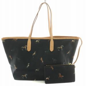 WOODLANDER トートバッグ ハンドバッグ 切替 総柄 馬 ホース ポーチ付き 黒 ブラック 茶