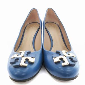 TORY BURCH レザー ウェッジパンプス スリッポン ロゴデザイン 靴 シューズ 7 23.5cm 青 ブルー 1647597355049594