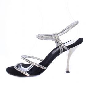 サンダル ハイヒール ビジュー ベルベット ストラップ レザー 37.5 24.5cm シルバー 黒 ブラック