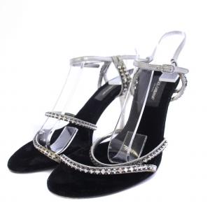 DOLCE&GABBANA サンダル ハイヒール ビジュー ベルベット ストラップ レザー 37.5 24.5cm シルバー 黒 ブラック
