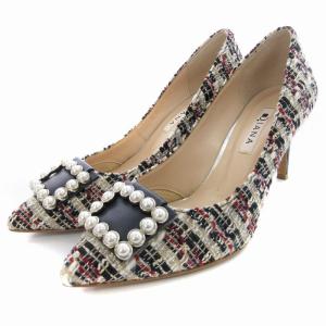 パールビジューバックルパンプス ハイヒール ツイード ポインテッドトゥ 靴 シューズ 23cm マルチカラー