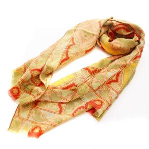 ストール ショール フリンジ 総柄 ウール シルク混 カーキ マルチカラー /KU OF