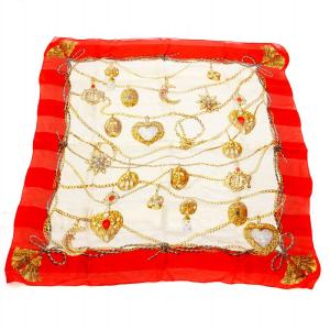 ストール 大判 チェーン チャーム柄 赤 レッド 白 ホワイト ゴールドカラー