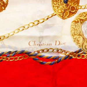 Christian Dior ストール 大判 チェーン チャーム柄 赤 レッド 白 ホワイト ゴールドカラー