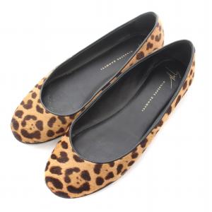 フラットシューズ パンプス ラウンドトゥ ハラコ レオパード ヒョウ柄 36.5 23.5cm 茶 ブラウン