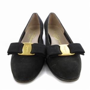 Salvatore Ferragamo ヴァラ リボン スエードパンプス ローヒール 靴 シューズ 7 24cm 黒 ブラック