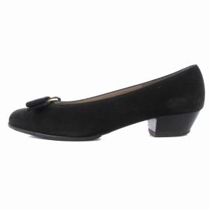 Salvatore Ferragamo ヴァラ リボン スエードパンプス ローヒール 靴 シューズ 7 24cm 黒 ブラック