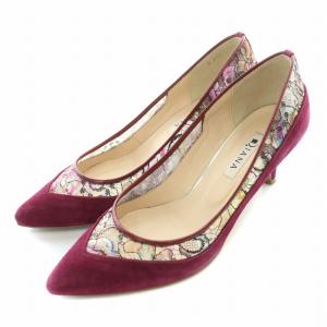 パンプス ポインテッドトゥ ハイヒール チュール レース スエード 切替 花柄 24cm 紫 パープル