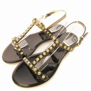 スタッズ ラバー ストラップローヒールサンダル T字ストラップ フラットシューズ 靴 37 24cm 黒